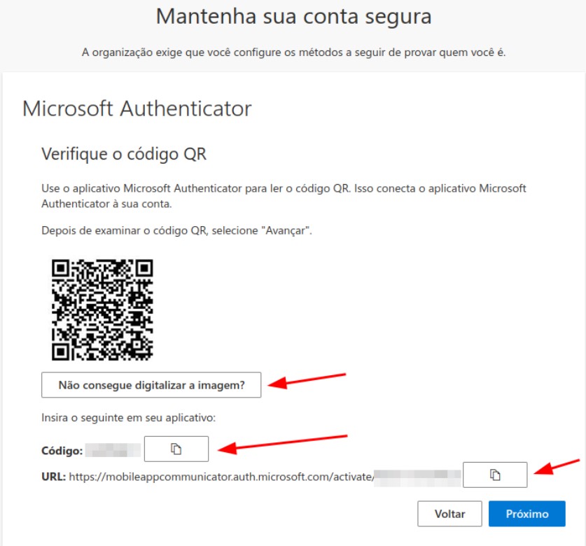 Microsoft Authenticator, leitura do código QR