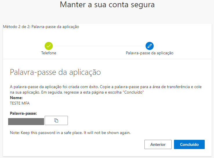 Conclusão da criação da palavra-passe da aplicação